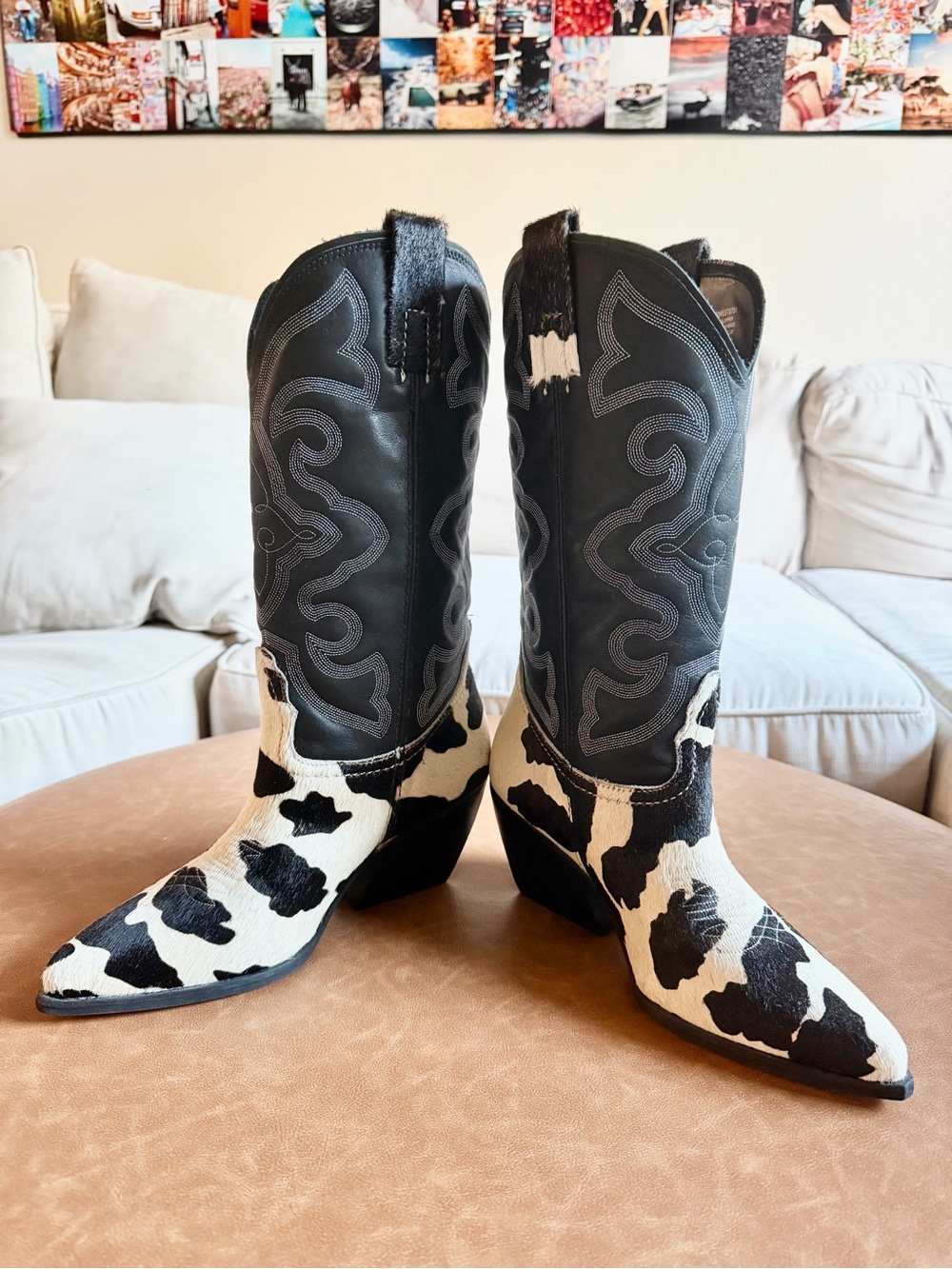 NWOT Steve Madden West Black White Pull On Block Heel Cowhide Cowboy Boot - Picture 6 of 12